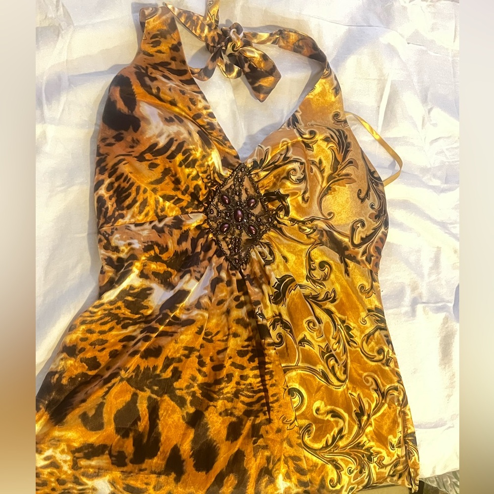 Vintage paper tag Cache Gold jeweled halter top